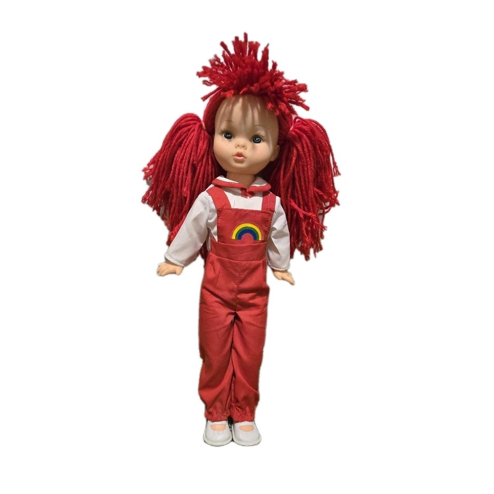 Vintage Regal Canada Doll Red Yarn Hair Pigtails Rainbow Overalls 1970s 80s Cute